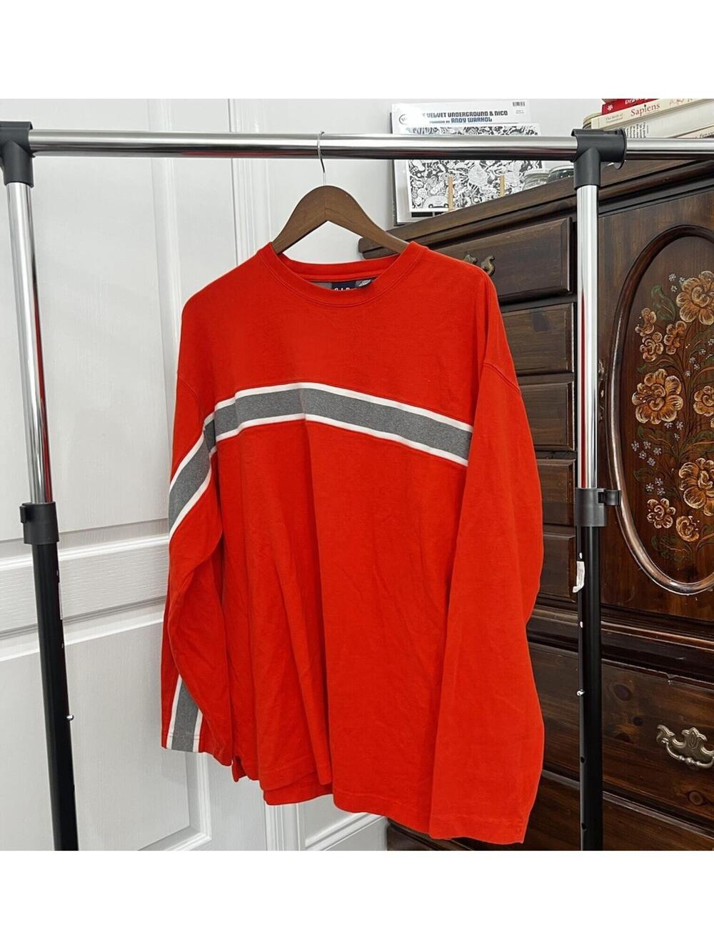Vintage GAP Orange Long Sleeve Shirt Crewneck Striped Gorpcore Y2K Mens XL 90s